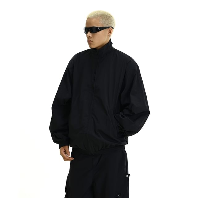Meiksip-Mock Neck Plain Zip-Up Jacket