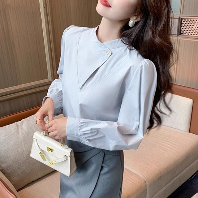 Dragan Pulse-Long-Sleeve Stand Collar Plain Buttoned Blouse
