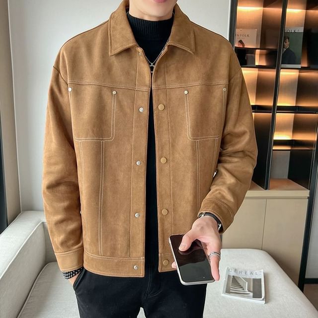 WidoWilder-Collar Contrast Stitching Faux Suede Button Jacket