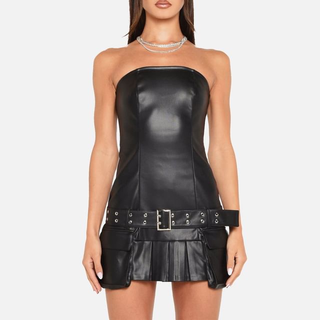 Genrovia - Strapless Plain Faux Leather Mini Bodycon Dress | YesStyle