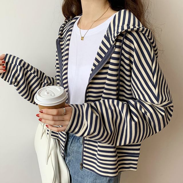 ANORA-Drop Shoulder Striped Zip Up Hoodie