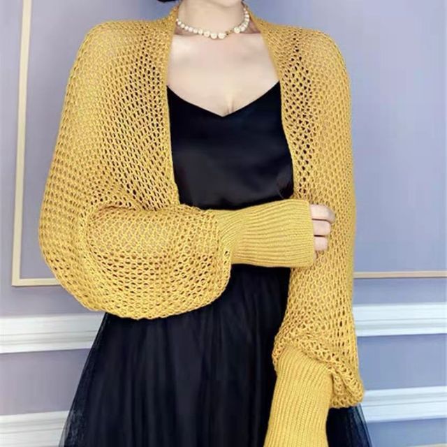 ISSOL-Puff-Sleeve Perforated Open Front Plain Shrug