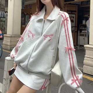 Metonymph Bow Detail Collared Striped Zip Jacket / Mid Rise Plain Mini Pencil