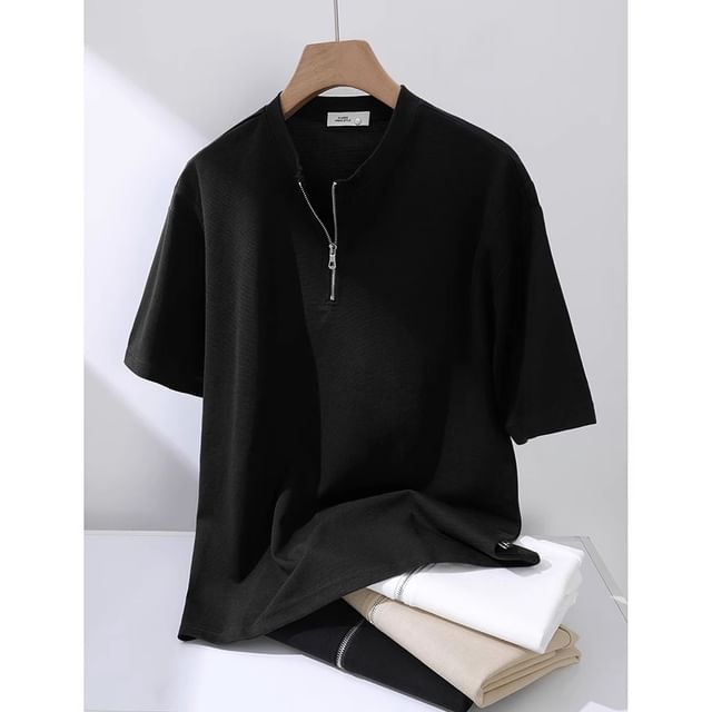 fluffush-Short Sleeve Round Neck Plain Half Zip T-Shirt