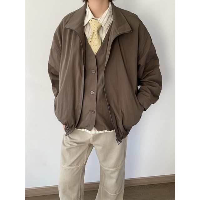 Omozando-Stand Collar Plain Mock Two Piece Zip Jacket
