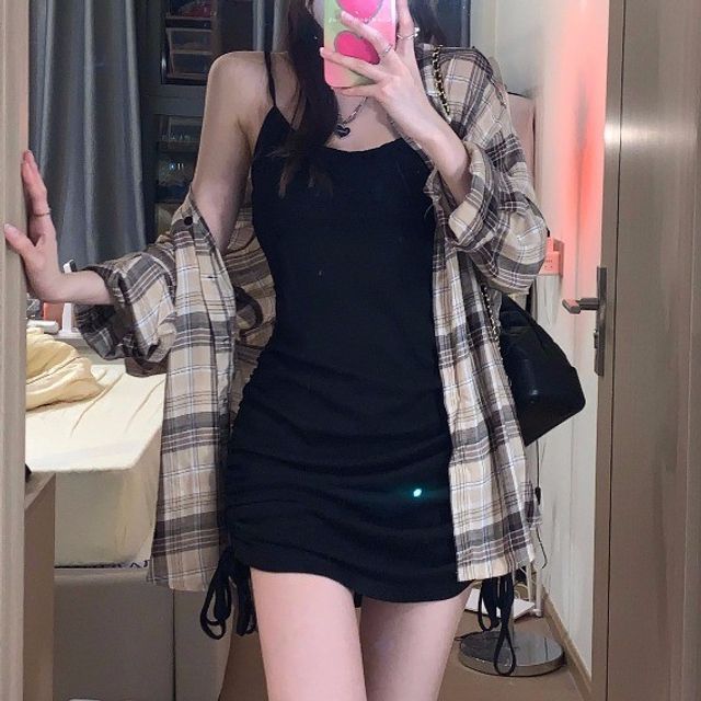 Avox Long-Sleeve Plaid Shirt Drawstring Bodycon Spaghetti - Main Image