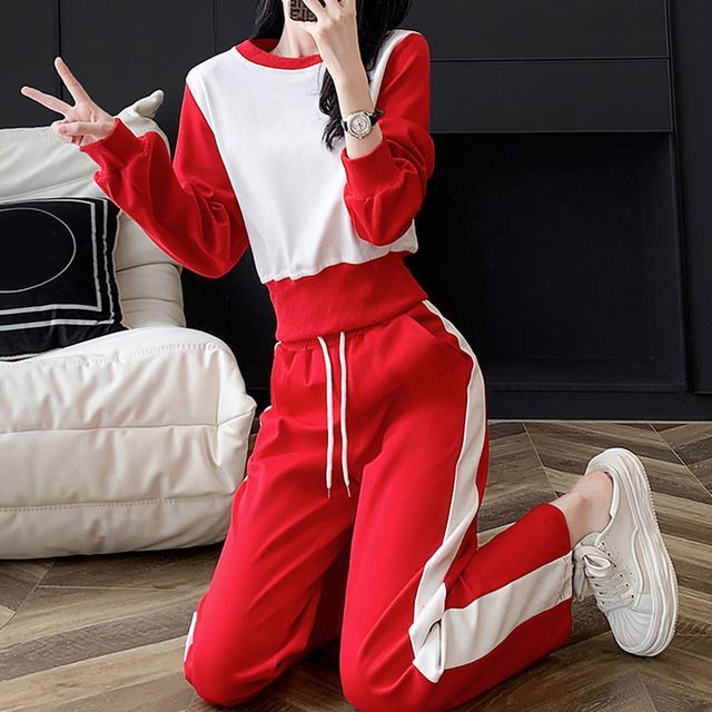 Everose-Set Round Neck Two Tone Sweatshirt High Waist Drawstring Wide Leg Pants