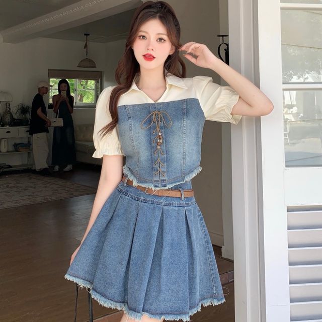 EFO Set: Mock Two-Piece Puff-Sleeve Washed Lace-Up Denim Blouse