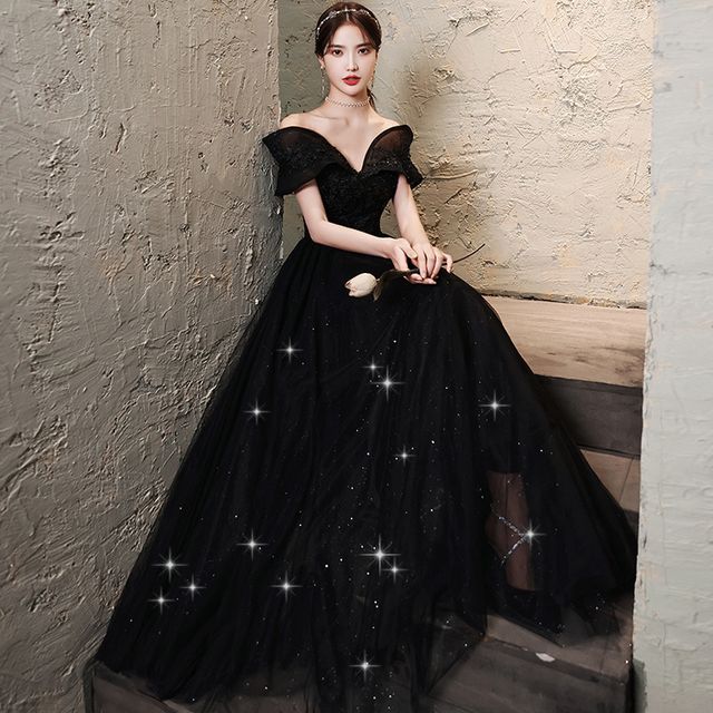 MSSBridal - Off-Shoulder Glitter A-Line Evening Gown | YesStyle