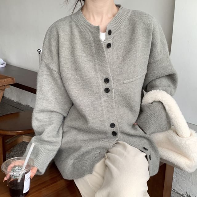 FR-Crew Neck Plain Cardigan