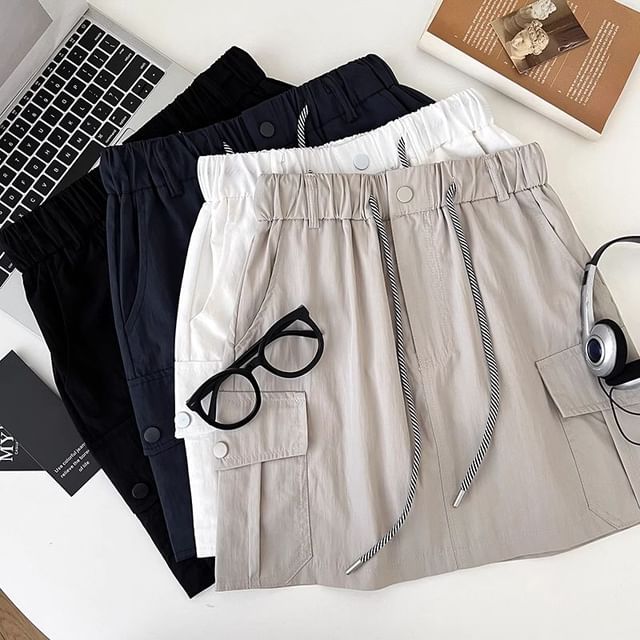 DIYI-Drawstring Waist Plain Mini A-Line Cargo Skirt