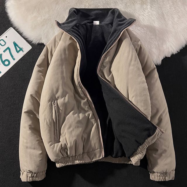 Plummie-Stand Collar Plain Fleece-Lined Zip-Up Padded Jacket