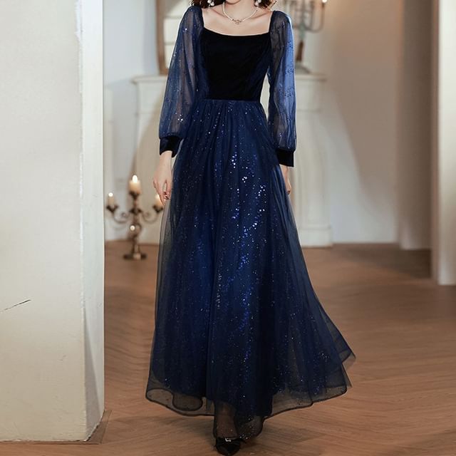 Fioridi-Long-Sleeve Square Neck Sequin A-Line Evening Gown