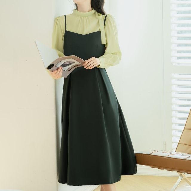 Nebbia - Set: Mock Neck Plain Bow Blouse + Midi Dungaree Dress | YesStyle Nebbia - Set: Mock Neck Plain Bow Blouse + Midi Dungaree Dress | YesStyle