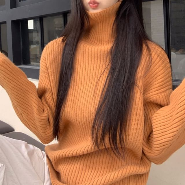 Closette-Turtleneck Plain Ribbed Sweater
