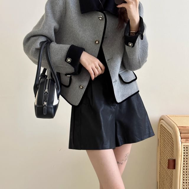 MIKIGA-Collared Contrast Trim Button-Up Crop Jacket