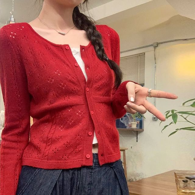 satierra-Perforated Plain Button-Up Cardigan