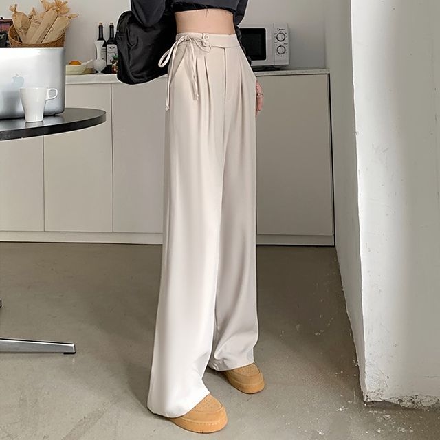 SUGARUS HighWaist Plain Lace Up Loose Fit Dress Pants YesStyle