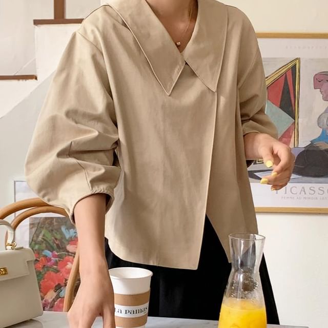 Maisee-Puff-Sleeve Plain Collared Wrap Blouse