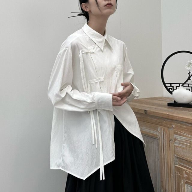 SIMPLE BLACK-Long Sleeve Pocket Front Frog Button Oversized Shirt