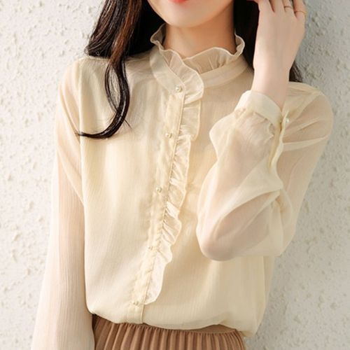 新品 L'Appartement Stand Frill Blouse GXIPO Women's Ruffle Trim Pullover Long Sleeve Blouse Top Cotton