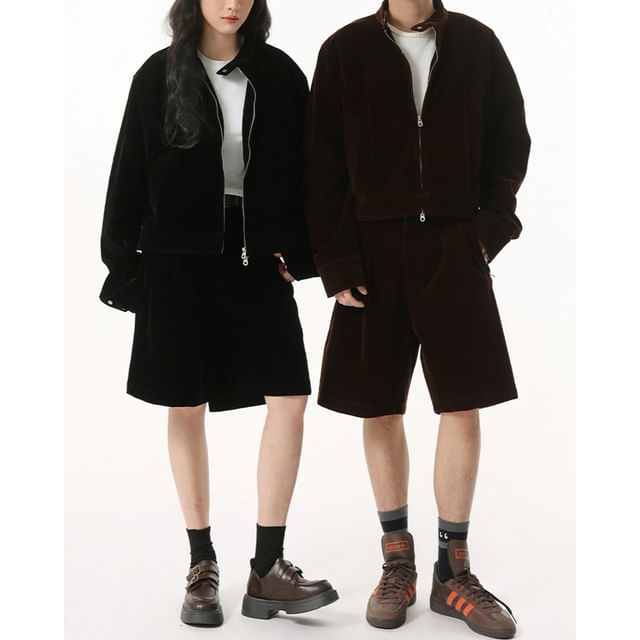 FAERIS-Couple Matching Stand Collar Zip-Up Plain Jacket Mid Rise Wide Leg Shorts