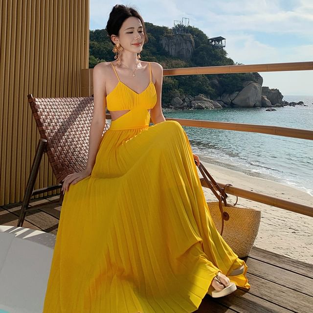 Moanum-Spaghetti Strap Cutout Plain Maxi A-Line Dress