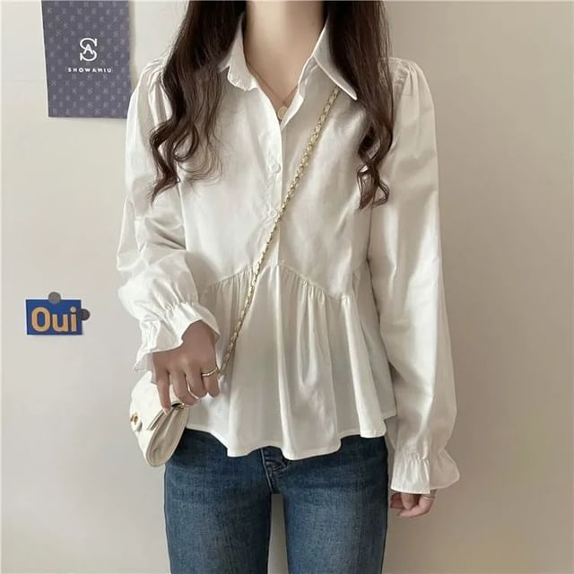 Sisyphi-Long Sleeve Collared Plain Ruffle Blouse