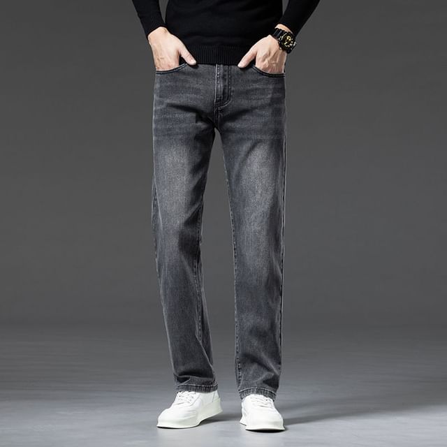 Denimic-Mid Rise Washed Straight Leg Jeans