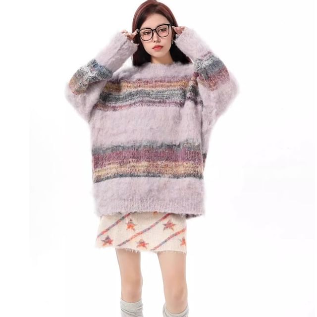 Bay Go Mall-Crew Neck Striped Oversized Sweater
