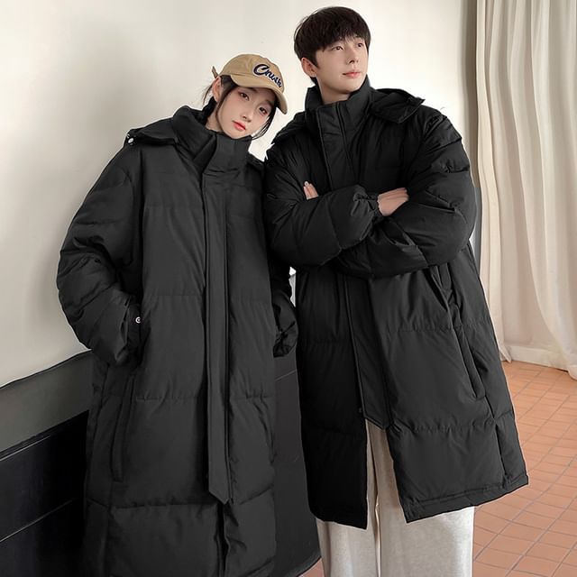 Bay Go Mall-Plain Hooded Midi Zip Puffer Coat
