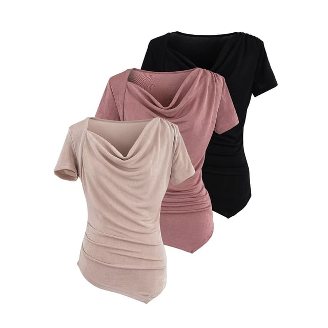 Hollahop-Short Sleeve Cowl Neck Plain Ruched Asymmetrical Top