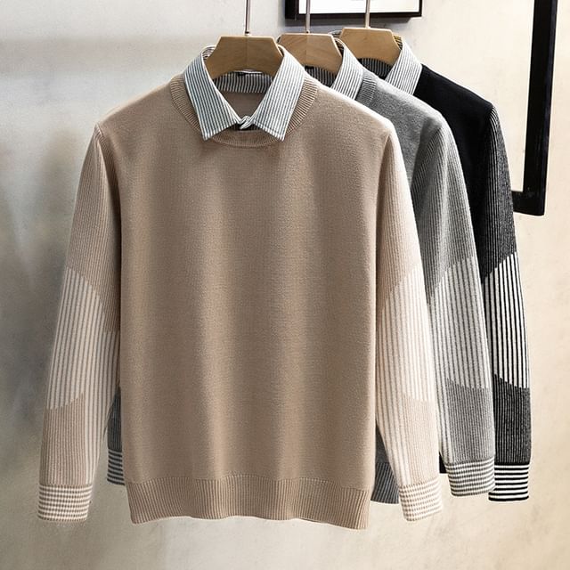 Nightbell-Collared Mock Two-Piece Striped Panel Sweater