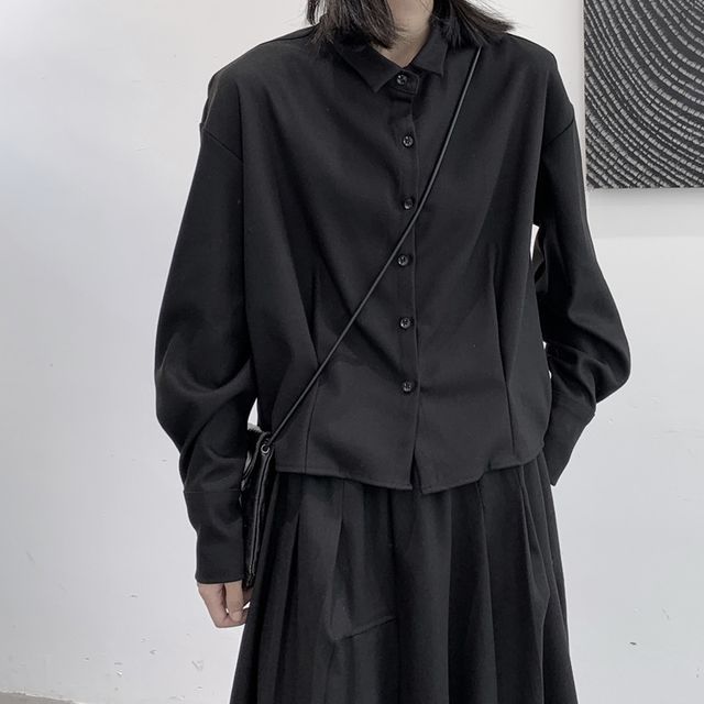 SIMPLE BLACK-Long-Sleeve Plain Shirt