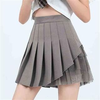 Everose-High Waist Plain Sheer Panel Mini Pleated Skirt