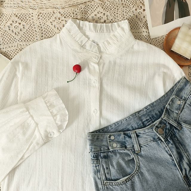 Lemongrass-Ruffled Stand-Collar Basic Shirt