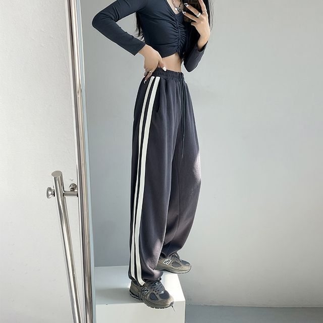Amyway High Waist Drawstring Double Stripe Sweatpants YesStyle