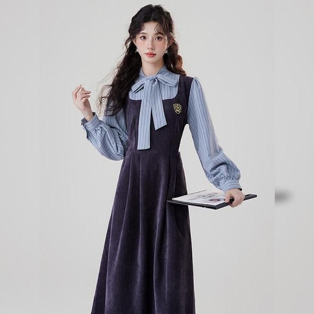 sansweet - Long-Sleeve Tie-Neck Mock Two-Piece Striped Panel Embroidered  Pleated Midi A-Line Dress | YesStyle