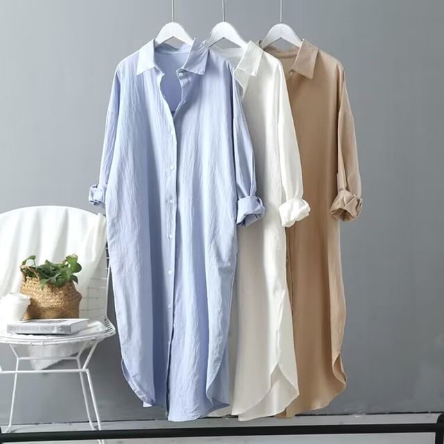 PANDAGO-Long-Sleeve Plain Button-Up Long Shirt