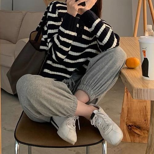 Striped Wide Collar Polo Sweater Sweatpants Set