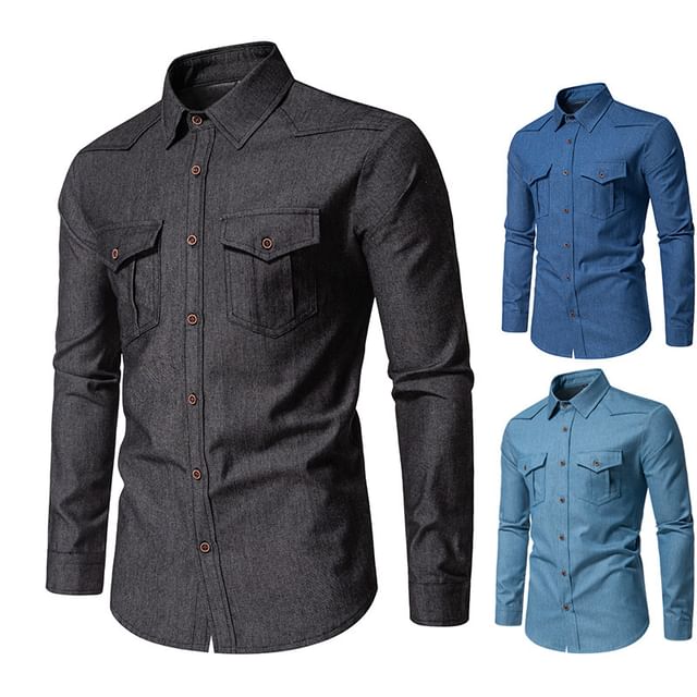 Fireon-Long Sleeve Collared Button Down Denim Shirt
