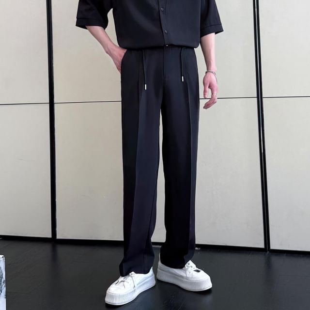 Freehop-Mid Rise Plain Straight Leg Pants