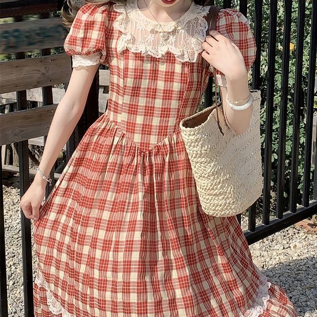 Ukiyo - Puff-Sleeve Crew Neck Plaid Lace Trim Midi A-Line Dress | YesStyle