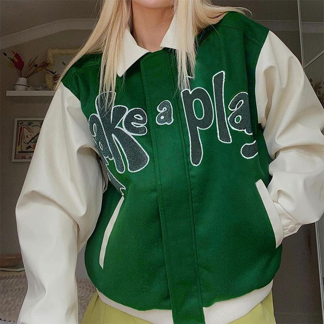 Green Varsity bomber jacket with lettering - Buy Online