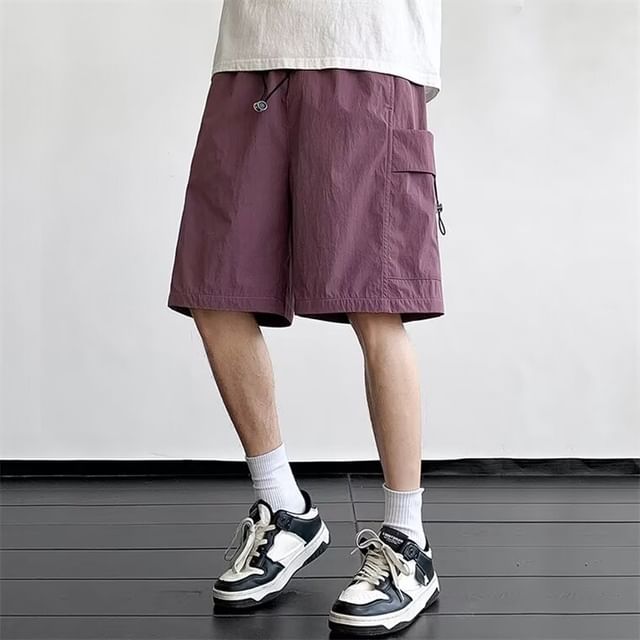 DuckleBeam-Drawstring Waist Plain Cargo Shorts