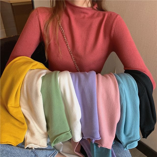 Magimomo-Long Sleeve Mock Neck Plain Knit Top