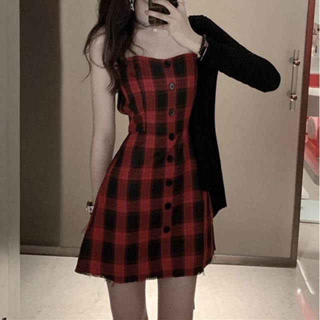 spaghetti strap checkered dress