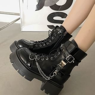 Nikao Platform Plain Chained Buckled Lace-Up Faux Leather Short Boots