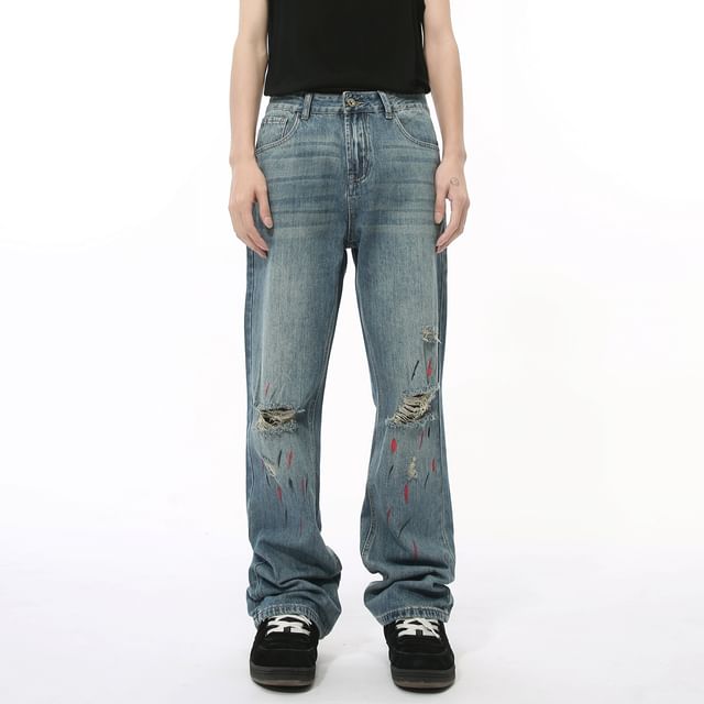 FAERIS-Mid Rise Distressed Washed Bootcut Jeans