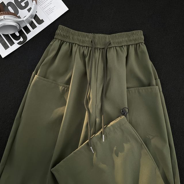 Mimiyox-Drawstring Waist Plain Wide Leg Pants